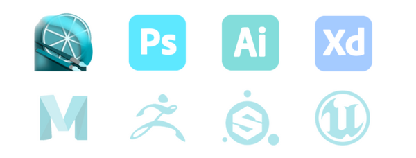 Paint tool sai logo, Photoshop logo, Illustrator logo, Adobe XD logo, Maya, ZBrush, Substance & Unreal logos